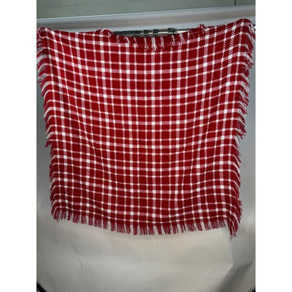 Red Plaid Scarf Shawl With Fringe 43" x 43" Polyester Blend - Picture 14 of 16